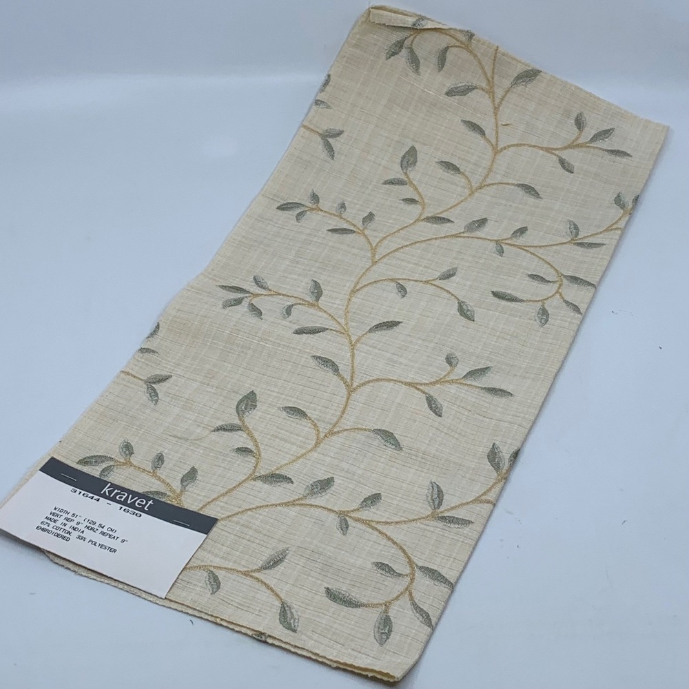 Kravet‎ Fabric Sample Embroidered Botanical Leaves Beige Green Remnant Craft